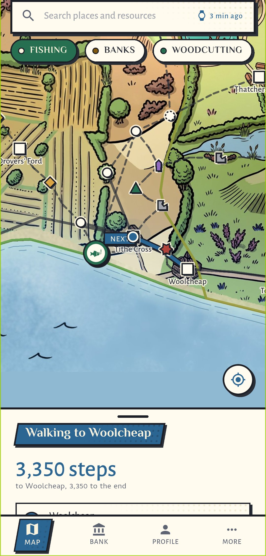 The phone map with a route from Tithe Cross to Woolcheap, 3,350 steps